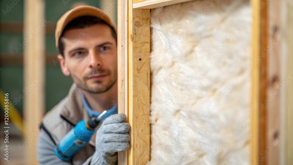 Poster A medium closeup of a worker applying insulation material to a frame with textured details of the material and tools in use capturing a moment of expertise and care.
