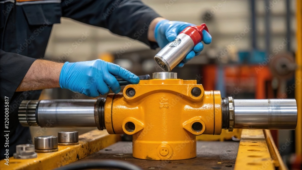 Aufkleber a medium closeup of a worker applying grease to a hydraulic actuator with gloved hands odically ensu