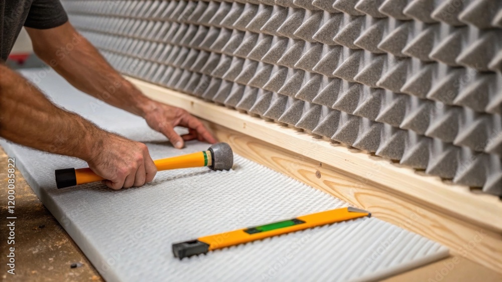 Poster a medium closeup of a worker attaching soundabsorbing material to a fiberglass barrier capturing the