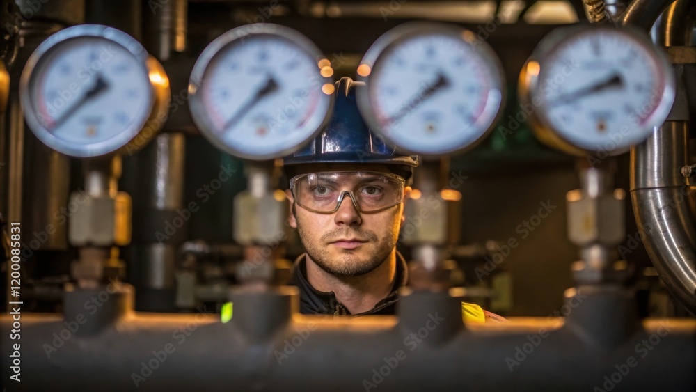 Aufkleber A medium closeup of a worker checking gauges on a filtration system with reflections of the machinery visible in their safety glasses.