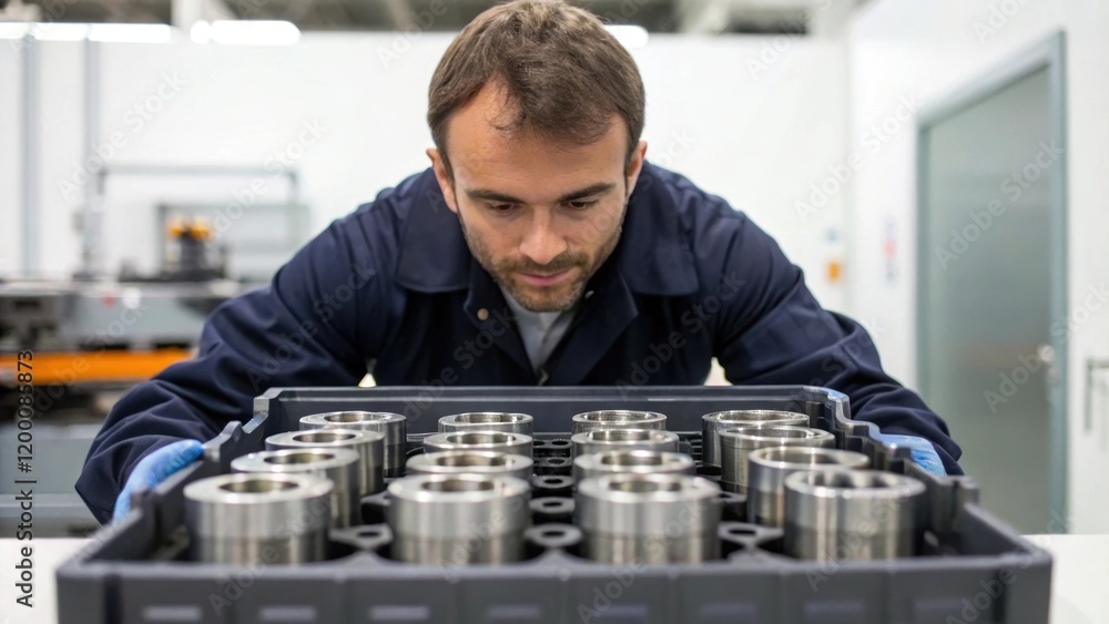 Poster A medium closeup of a worker carefully unloading machined components from a tray demonstrating the meticulous handling required to prevent damage.
