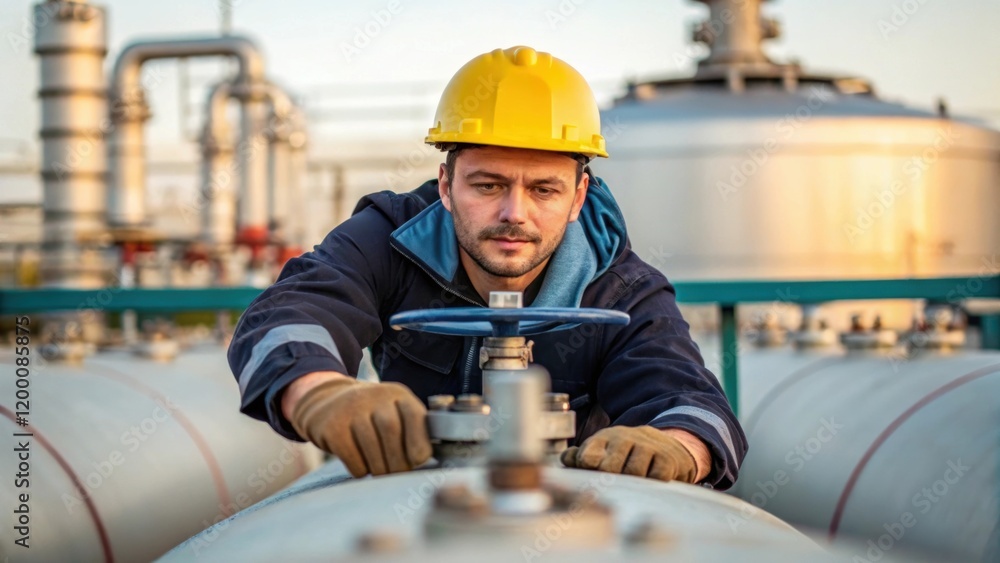 Poster a medium closeup of a worker adjusting a valve on a fuel storage tank with their expression showing 
