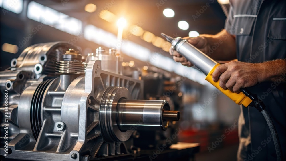 Aufkleber a medium closeup of a worker applying grease to the moving parts of a compressors engine the shiny m