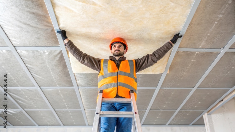 Poster A medium closeup of a worker balancing on a ladder reaching to install a large sheet of insulation in a ceiling space showcasing the contrast between the workers bright safety gear