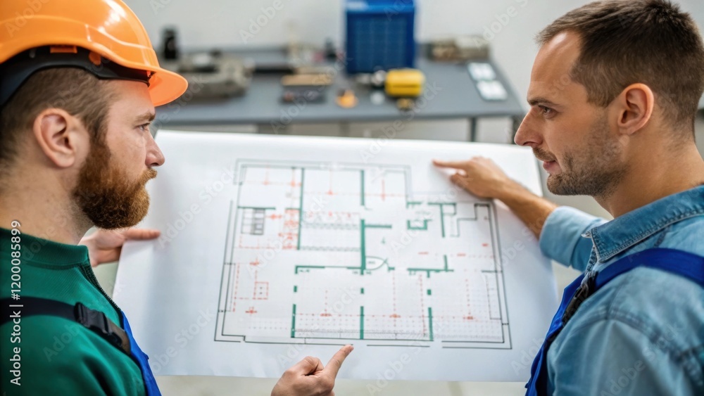 Aufkleber a medium closeup of a worker discussing plans with a colleague both pointing at a schematic laid out
