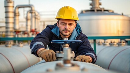 A medium closeup of a worker adjusting a valve on a fuel storage tank with their expression showing concentration and attention to detail amidst a backdrop of large industrial
