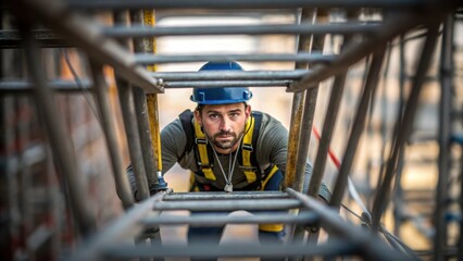 A medium closeup of a worker climbing an intermediate level of the structure showing the dynamic and vertical aspect of scaffolding assembly with the surroundings blurred for