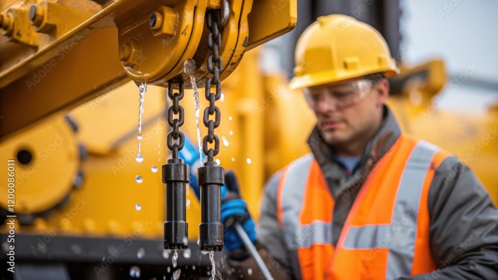 Poster a medium closeup of a worker in safety gear evaluating a cranes hydraulic system with fluid droplets
