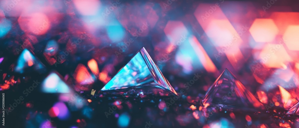 Poster Vibrant holographic shapes create a mesmerizing abstract landscape with colorful reflections and light play