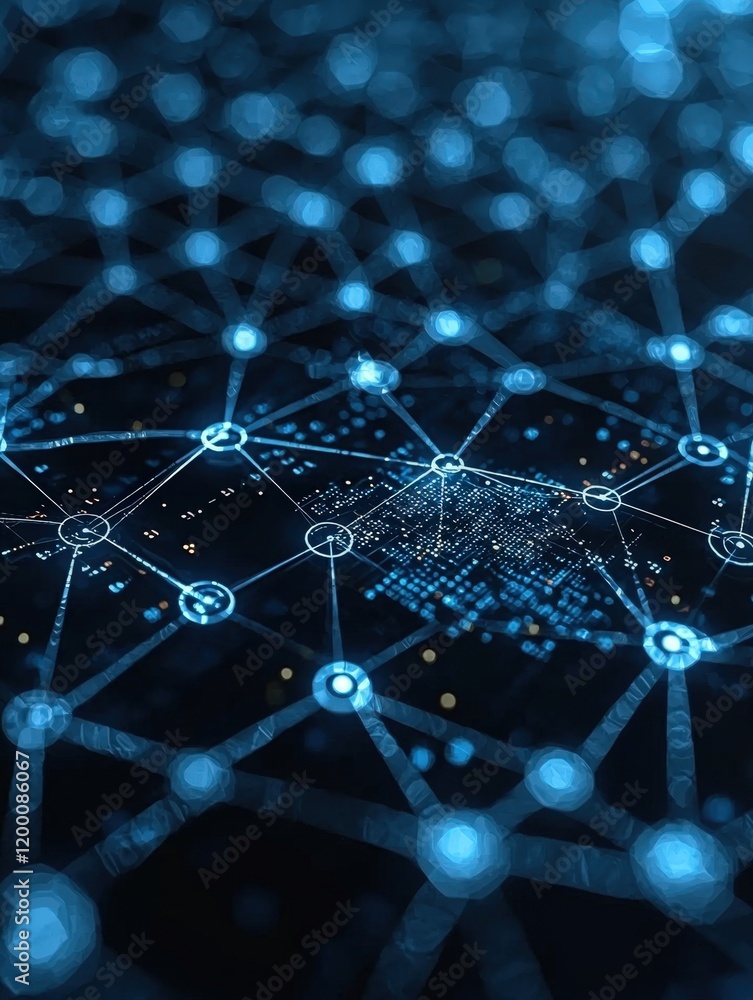 Poster a futuristic depiction of interconnected networks spanning a digital landscape. ideal for technology