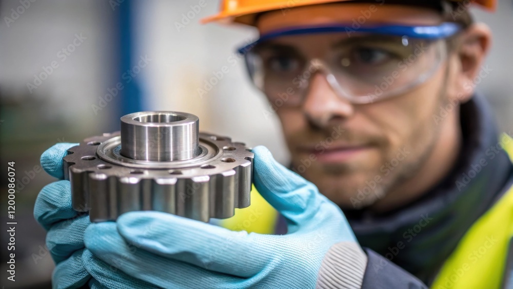 Poster A medium closeup of a worker in safety goggles and gloves inspecting a freshly machined part showcasing their attentive expression and the intricacies of the component.