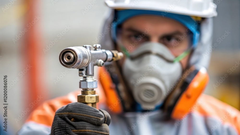 Poster a medium closeup of a worker in a spray suit preparing a fireproofing spray gun with the details of 