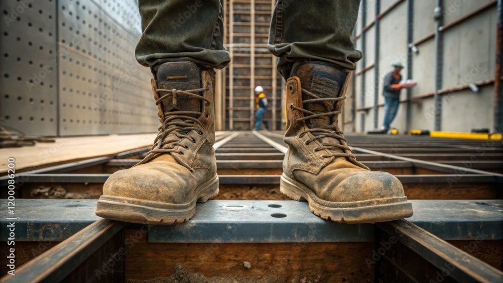 Poster a medium closeup of a workers boots standing firmly on a construction platform with tools and wall p