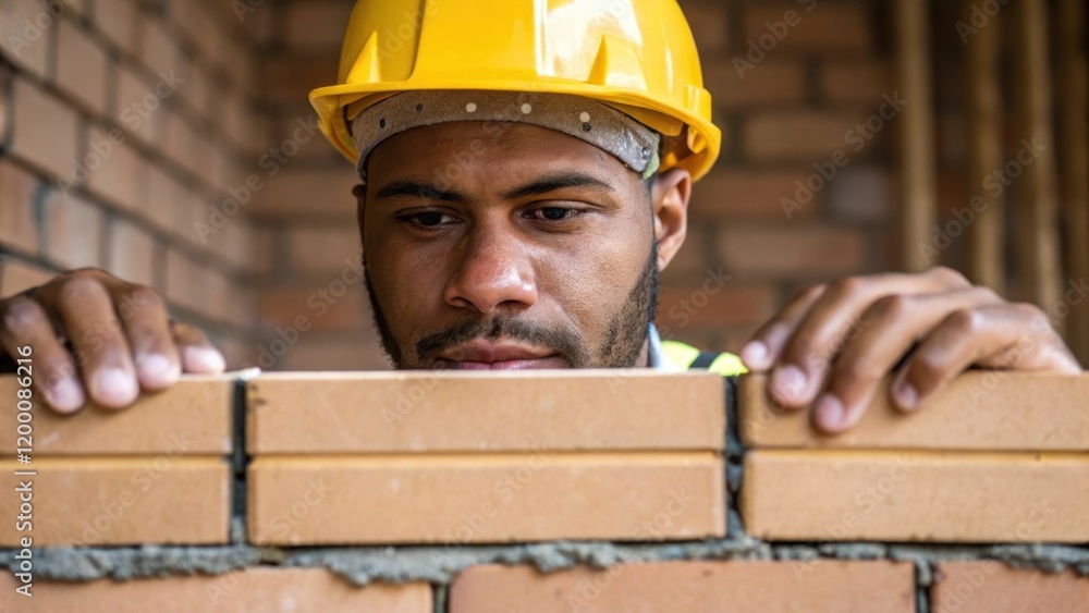 Poster A medium closeup of a workers face sweat beading on his brow as he carefully aligns the next block with the backdrop showing a completed section of the wall.
