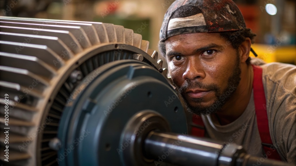 Poster a medium closeup of a workers focused expression as they install a large electric motor onto the gen