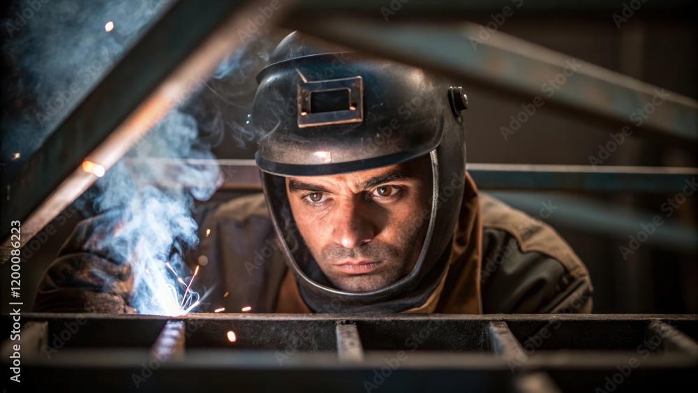 Poster a medium closeup of a workers face reflecting concentration and determination with a steel frame bei