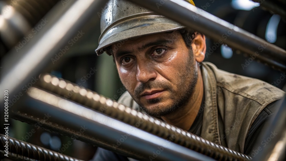 Poster a medium closeup of a workers face sweat glistening as he focuses intently on a complex assembly tas
