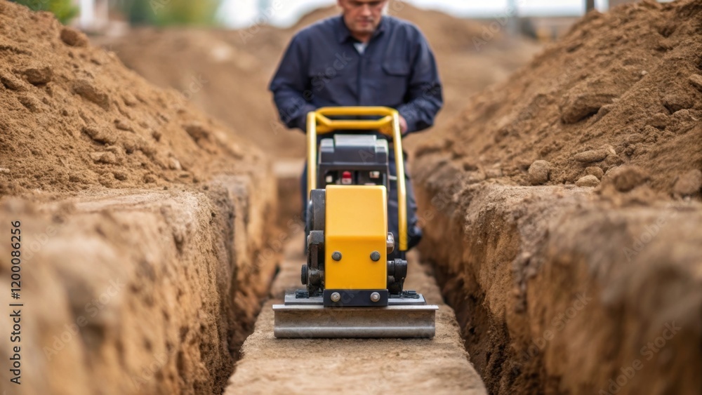 Poster A medium closeup of a worker using a compactor on the soil surrounding a drainage trench demonstrating the importance of stability for the installed system.