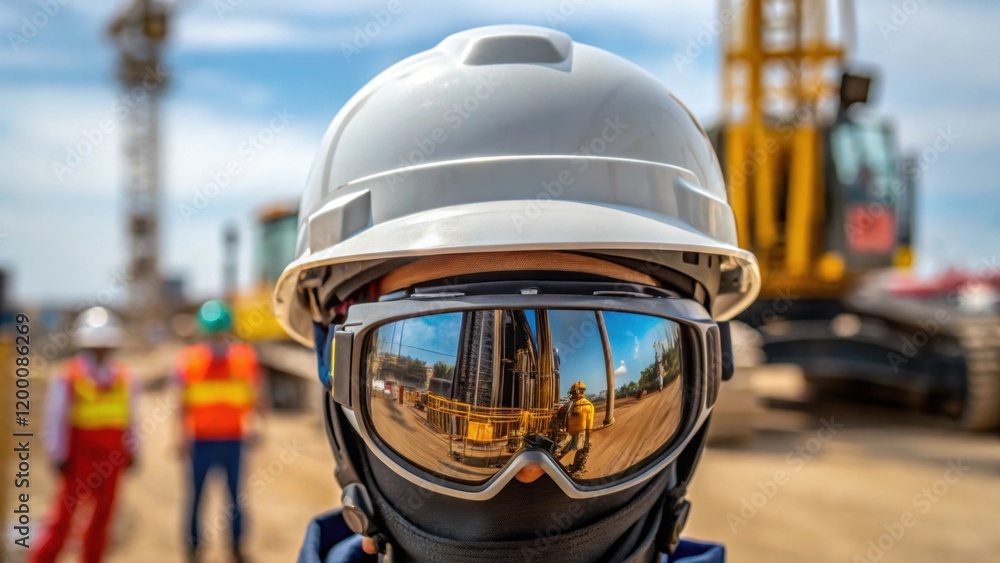 Aufkleber A medium closeup of a workers visored helmet reflecting the image of the pile driver in action symbolizing the integration of personal safety and advanced technology in heavy