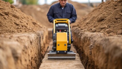 A medium closeup of a worker using a compactor on the soil surrounding a drainage trench demonstrating the importance of stability for the installed system.