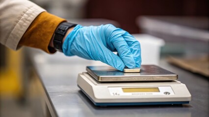 Obraz premium A medium closeup of a workers gloved hand gently placing a sample onto the weighing platform showcasing the attention to detail required in the inspection process.