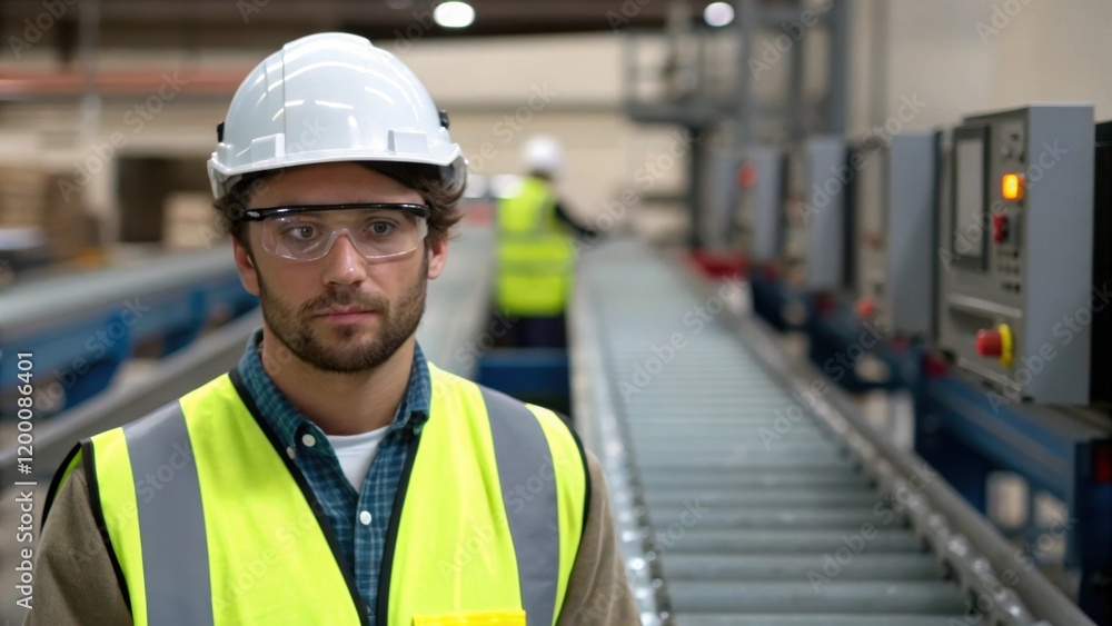 Poster A medium closeup of a worker wearing safety gear monitoring a conveyor system with their focused expression reflecting the importance of human oversight in a highly automated