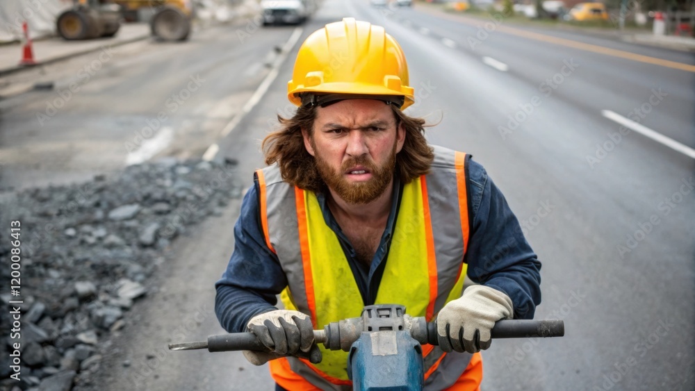 Aufkleber A medium closeup of a worker with a determined expression their brow furrowed with concentration as they maneuver the jackhammer during a tough section of repair.