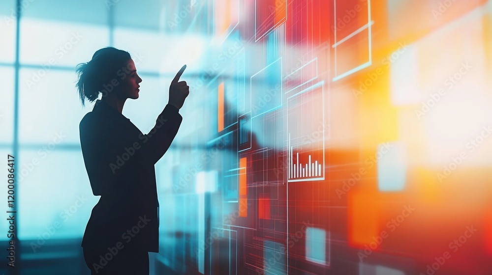 Aufkleber businesswoman interacts with a futuristic holographic interface displaying data charts and graphs.