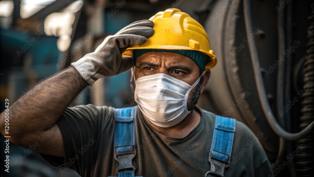 Aufkleber A medium closeup of a worker wiping sweat from their brow the mask creating a sense of labor intensity against a backdrop of machinery.