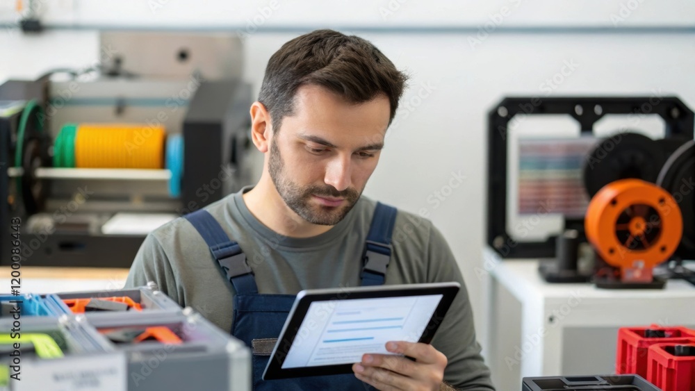 Aufkleber A medium closeup of a worker with a focused expression analyzing data on a tablet surrounded by various printed prototypes and machines emphasizing the integration of digital tools