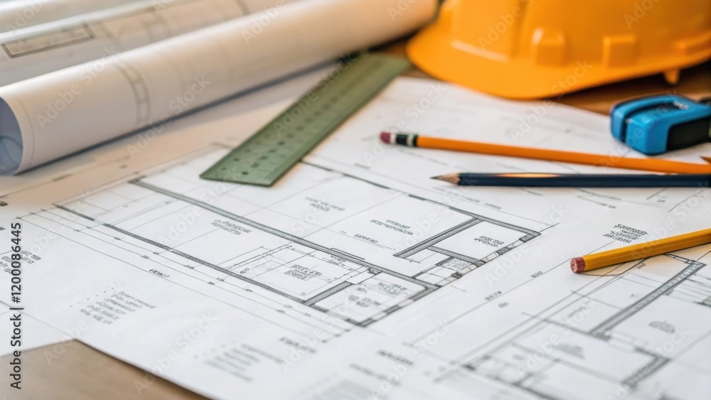 Aufkleber A medium closeup of blueprints overlapping on a work surface with construction materials partially visible demonstrating the careful planning phase essential for successful project