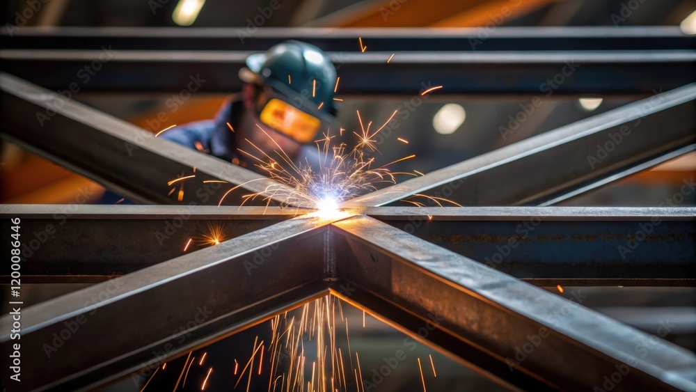 Aufkleber a medium closeup of bracing elements being welded to a steel frame showcasing the heat and sparks ge
