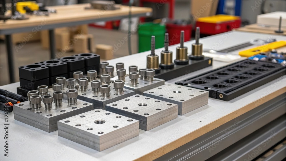 Fototapete A medium closeup of a worktable loaded with multiple fixtured parts demonstrating the organization and setup of an efficient workflow in the machining process.