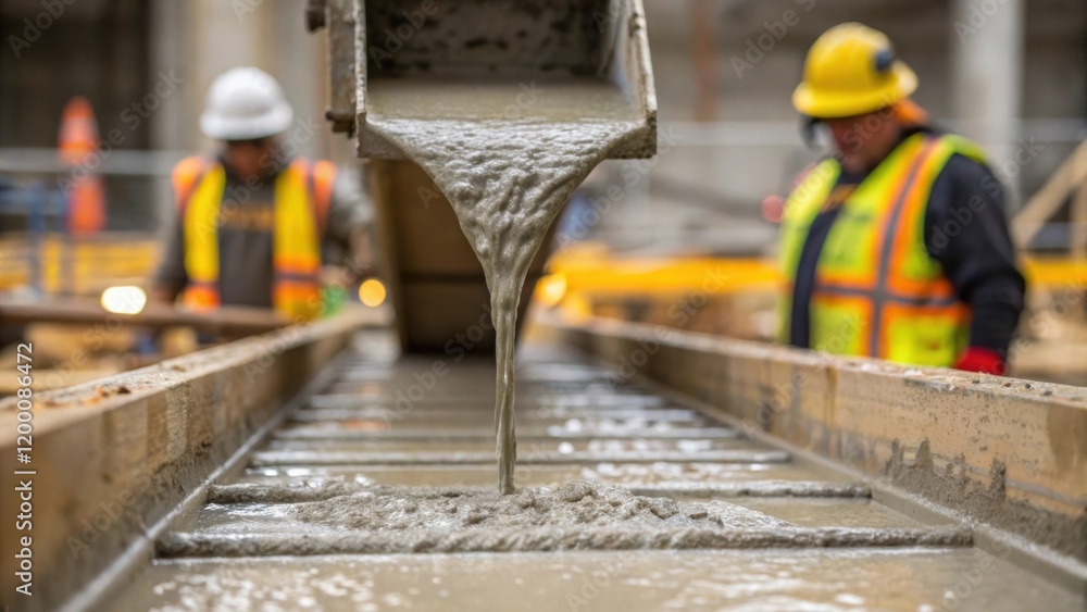 Poster A medium closeup of concrete being poured into forms with a stream of wet concrete cascading into a mold emphasizing the foundational work of the facility.