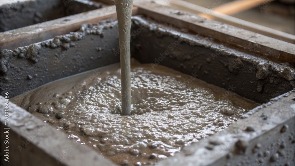 Poster A medium closeup of concrete pouring into a mold capturing the texture and consistency of the mixture as it begins to set around the foundation of the incinerator.