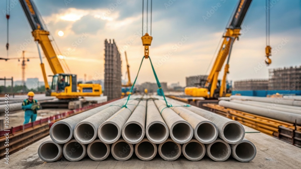 Poster a medium closeup of cranes lifting rows of completed concrete pipes with the focus on the machinery 