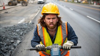 A medium closeup of a worker with a determined expression their brow furrowed with concentration as they maneuver the jackhammer during a tough section of repair.
