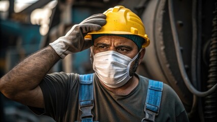 Fototapeta premium A medium closeup of a worker wiping sweat from their brow the mask creating a sense of labor intensity against a backdrop of machinery.