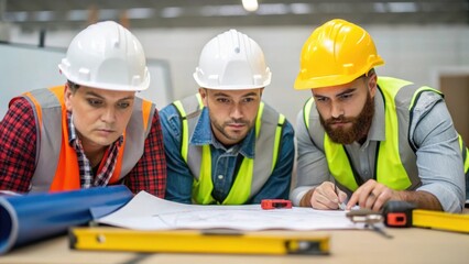 A medium closeup of a workforce in hard hats and safety gear closely examining technical plans spread out on a workbench their focused expressions reflecting the gravity of the