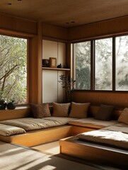 Obraz premium Sunlit Wooden Room With Comfortable Built In Seating