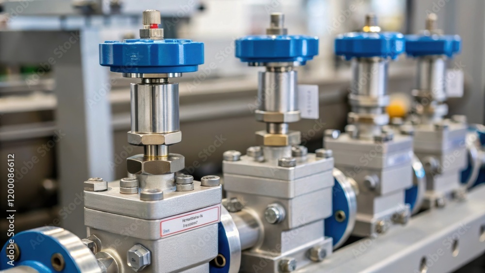 Aufkleber A medium closeup of flow control valves being installed on a modular system highlighting the precision engineering and sy materials used in industrial applications.