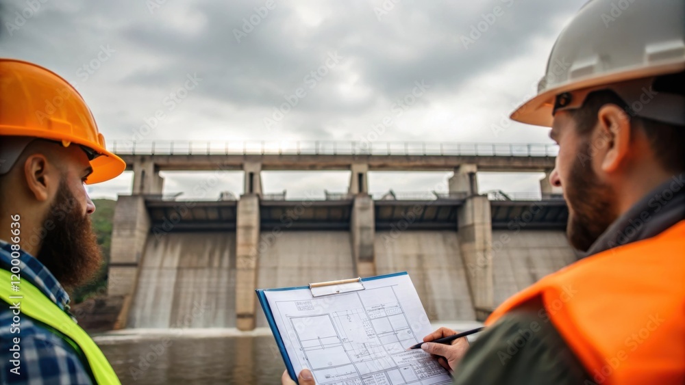 Aufkleber A medium closeup of engineers examining blueprints on a clipboard with the unfinished dam structure looming in the background representing planning and collaboration in the