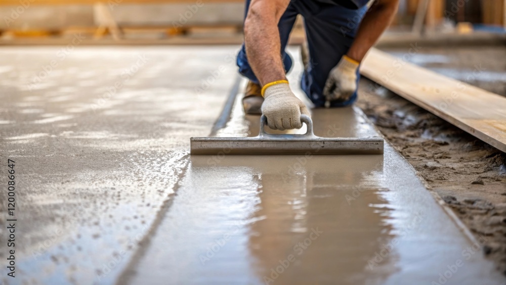 Poster a medium closeup of freshly poured concrete being leveled with a trowel by a construction worker sho