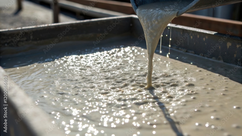 Poster A medium closeup of freshly mixed concrete being poured into a large mold with droplets glistening in the sunlight revealing the density and creamy consistency of the mixture as it