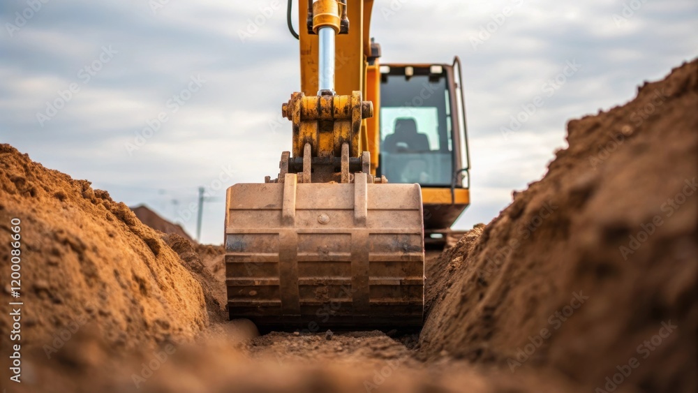 Poster a medium closeup of heavyduty machinery like a backhoe digging out a base for the tower its powerful