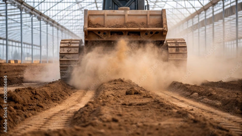 Poster a medium closeup of heavy machinery digging out a foundation for an industrial greenhouse with soil 