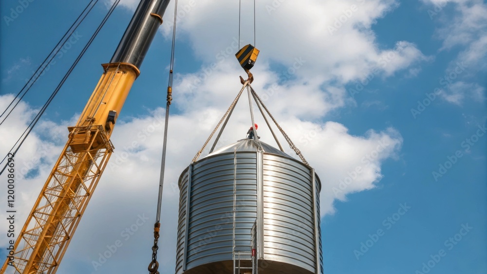 Poster a medium closeup of heavy machinery such as a crane lifting a large metal silo segment into place ag