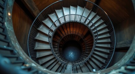 Fototapeta premium Stunning overhead shot of a spiraling metal staircase in an industrial building, creating a mesmerizing visual with copyspace