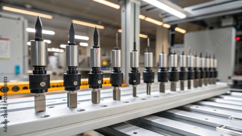Poster A medium closeup of precision tools arranged neatly within a workshop their sharp blades glinting under bright lights ready for automated assembly operations.