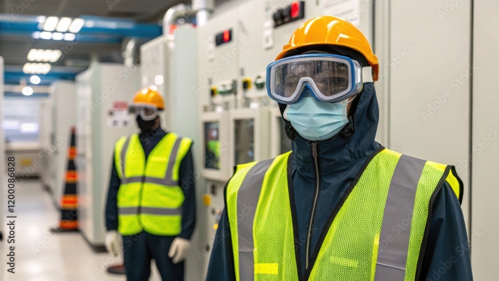 Poster A medium closeup of safety gear such as goggles and vests worn by workers onsite highlighting the emphasis on safety in an automated workspace.